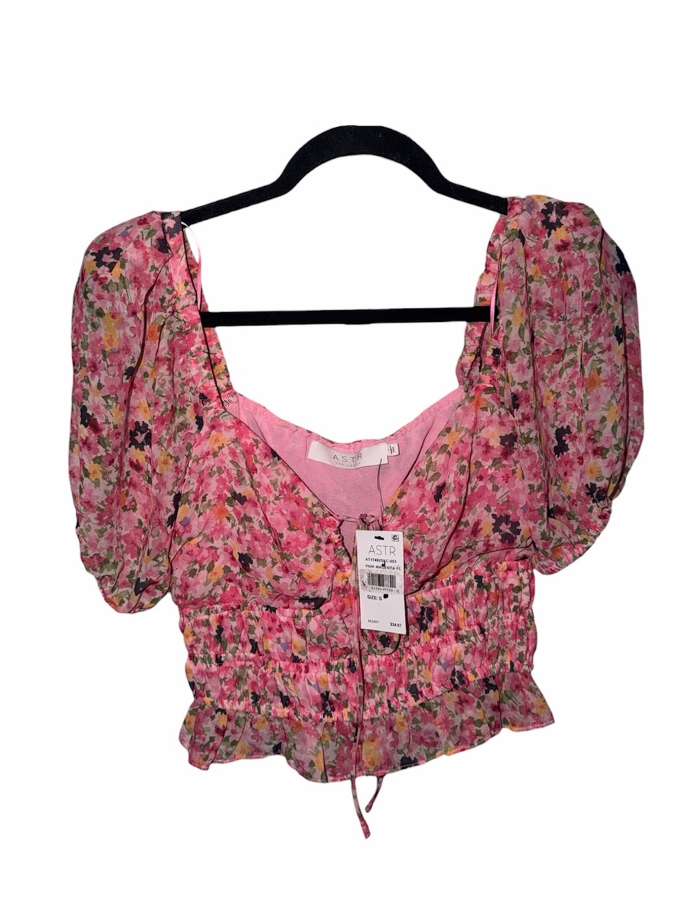 Astr The Label Pink Floral Puff-Sleeve Smocked Crop Top NWT